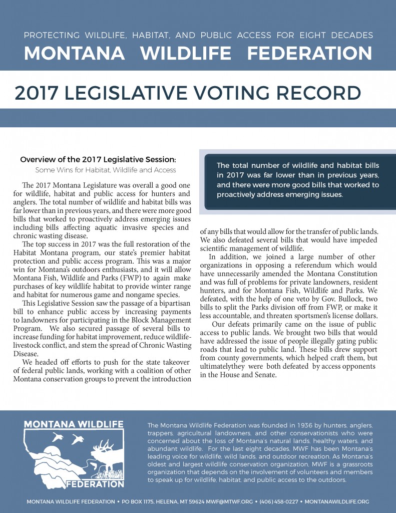 MWF 2017 Legislative Voting Record Montana Wildlife Federation